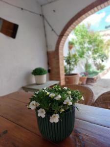eine grüne Vase mit weißen Blumen auf einem Holztisch in der Unterkunft La Casa de Dori in Beteta + 62 Fotos