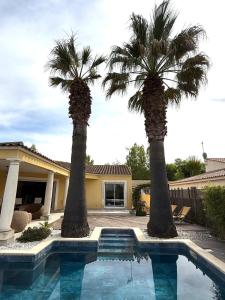 Deux palmiers en face d'une maison avec une piscine dans l'établissement Villa Yoléa avec piscine privée au Grau du Roi Vacances de rêve, au Grau-du-Roi