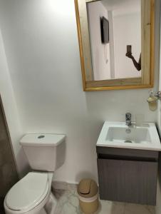 a bathroom with a toilet and a sink and a mirror at Apartamento Le petit prince in Paipa