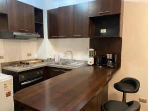 a kitchen with wooden cabinets and a counter top at Departamento en Santiago, ubicación privilegiada, WiFi in Santiago