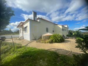 a small white house with a grass yard at Quinta Pura Natura in Alqueidão de Santo Amaro