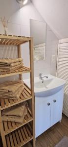 a bathroom with a sink and a shelf with towels at Bez Pośpiechu Mazury in Suchy Róg