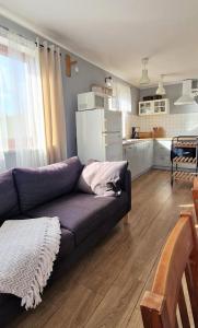 a living room with a couch and a kitchen at Bez Pośpiechu Mazury in Suchy Róg +29 photos