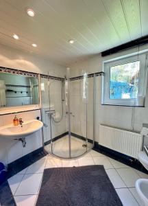 a bathroom with a shower and a sink at Ferienhaus an der Schlei in Kappeln +37 photos