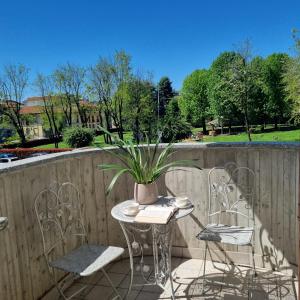 a patio with two chairs and a table and a potted plant at Ca' Massima, il cuore a Monza in Lissone