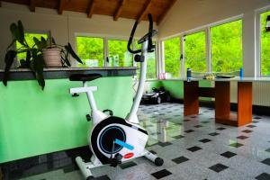 an exercise bike in a room with a table at Apartman AS na jezeru in Konjic