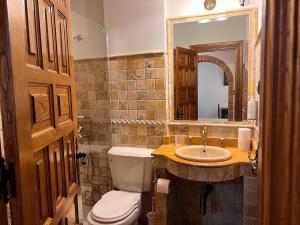 a bathroom with a toilet and a sink and a mirror at Apartamentos Villa Julieta in Ruente