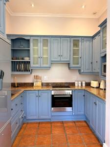 een keuken met blauwe kasten en een oven bij Franschoek Lermitage Villa Two Bedroom Lake View in Franschhoek +7 foto's