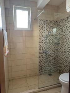 a bathroom with a glass shower with a toilet at Apartmants S&H in Ulcinj +86 photos
