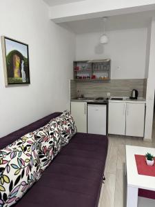 a living room with a couch in front of a kitchen at Apartmants S&H in Ulcinj