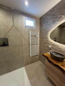 a bathroom with a sink and a glass shower at La Maison Myrtille in Castellane