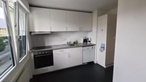 eine Küche mit weißen Schränken, einer Spüle und einem Fenster in der Unterkunft Coucouning Appartement ou chambres privées espaces communs à partager in Monthey