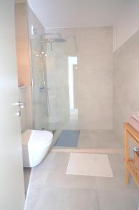 a white bathroom with a shower and a toilet at Zlatna Boska in Kotor