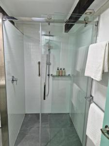 a shower with a glass door in a bathroom at The Bullock & Bridle Retreat at 58 in Mintaro +3 photos