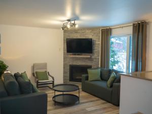 a living room with a couch and a fireplace at Cottage Quebec - Olivine in Petite-Rivière-Saint-François