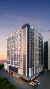 una rappresentazione di un grande edificio in una città di Guangzhou Baiyun Airport Orange Crystal Hotel a Huadu