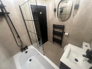 a bathroom with a shower and a sink and a mirror at Olive Tree Cottage in Golcar