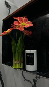 a vase with two flowers and a candle on a shelf at Residencia Esmeralda in Agua Buena