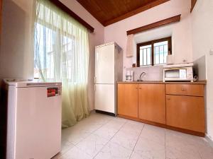 a kitchen with a refrigerator and a microwave at Cottage Foteini in Platy +4 photos