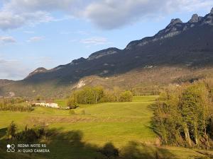 a green field with mountains in the background at La chambre Nature chez les garçons in Saint-Paul-sur-Yenne +4 photos