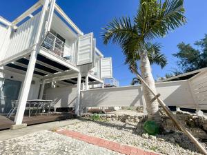 a palm tree in front of a white house at Vamos Villa Tokunosima in Tokunoshima