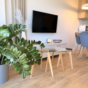 a living room with a table and a tv at Apartament GJ PLAZA in Kielce