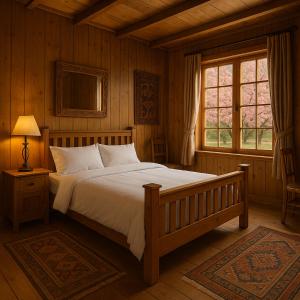 a bedroom with a large bed in a wooden room at Cherry Orchard Inn in Mastūj