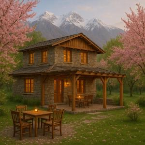 a stone house with a table and chairs and mountains at Cherry Orchard Inn in Mastūj