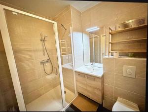 a bathroom with a shower and a sink at Midori T3 77 m2 in Vars