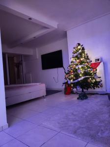 a christmas tree in a living room with a tv at Basement Suite in Tríkala