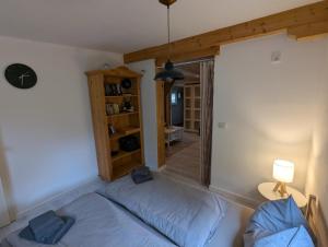 a bedroom with a bed and a lamp and a mirror at Ferienhaus Königsnase in Struppen