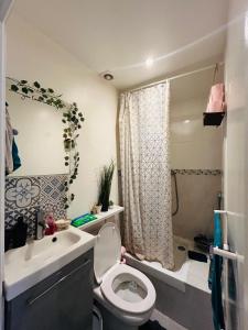 Un baño con inodoro, lavabo y ducha. en Studio entre Issy et Pte de Versailles, en Issy-les-Moulineaux