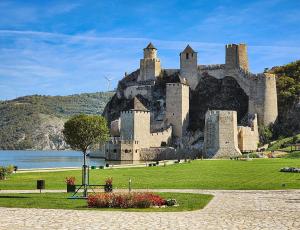 a castle on top of a hill next to the water at Apartman Djuric in Golubac