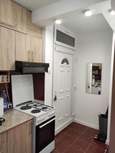 a kitchen with a stove and a white door at KS Studio 2 in Belgrade