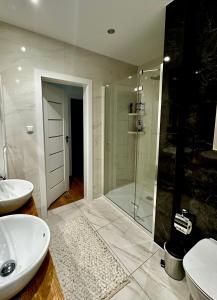 a bathroom with a shower and a sink at Mużakowski Forest Retreat - rezydencja z basenem in Bronowice