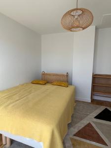 a bedroom with a bed and a chandelier at Les Trente Glorieuses in Épône