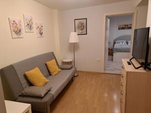 a living room with a couch and a television at APARTMA SVETINA in Bled