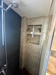 a bathroom with a shower with a glass door at Tinos Boutique House in Tinos +49 photos