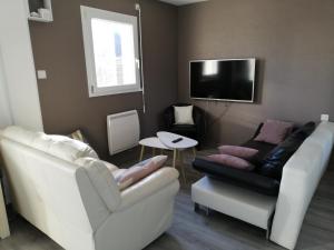 a living room with a couch and a tv at Kerguil-hanna agréable et familiale, 4 pers, piscine privée du 15 juin à mi-septembre in Moëlan-sur-Mer