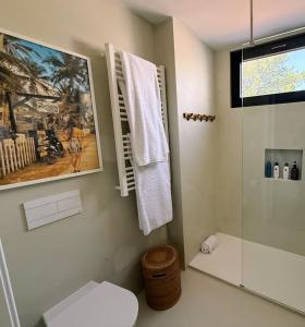 a bathroom with a shower and a toilet and a painting at Quinta do Lago, Victory Village N 63 in Almancil