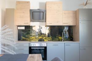 a kitchen with a stove and a tv in it at Rhön & Relax Mühlenblick - mit Kinderzimmer in Burkardroth