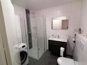 a bathroom with a shower and a toilet and a sink at Haus Tenne in Krummhörn +21 photos