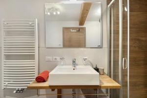 ラ・ヴィッラにあるCiasa Irene Dreizimmerwohnungの白い洗面台とシャワー付きのバスルーム +20枚の写真