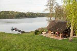 a helicopter is parked next to a lake at Viesu nams ''Laukezers'' in Vilciņi