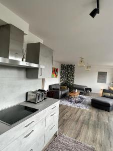 a living room with a kitchen and a living room with a couch at Stillvolles Apartment mitten in little Tokyo in Düsseldorf