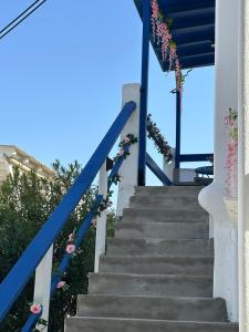 eine Treppe mit blauem Geländer und Blumen in der Unterkunft Molos Pine view in Molos Parou