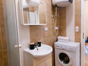 a small bathroom with a sink and a washing machine at Apartment ČSA #4 in the Historic Center Hradec Králové in Hradec Králové