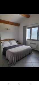 ein Schlafzimmer mit einem großen Bett und einem großen Fenster in der Unterkunft Chambres d'Hôtes Villa Cardellini in Aullène