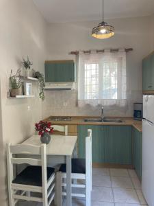 a kitchen with green cabinets and a table with chairs at Villa Diana in Nikiana