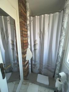 リーブニッツ・ダムガルテンにあるFerienhaus am Küstenwaldのバスルーム(白いカーテン付きのシャワー付) +17枚の写真